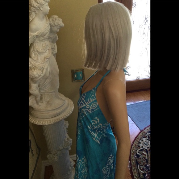 Bohemian Tie Dye Maxi Dress, Halter Backless, Asymmetrical Swim Cover Up Turq OS - Picture 13 of 16